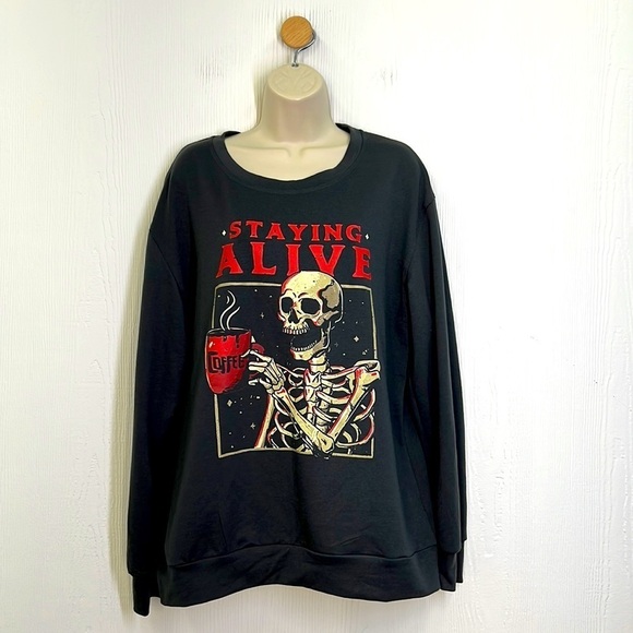 UNISHE Tops - UNISHE - Staying Alive Skeleton Drinking Coffee Graphic Gray Sweater Large